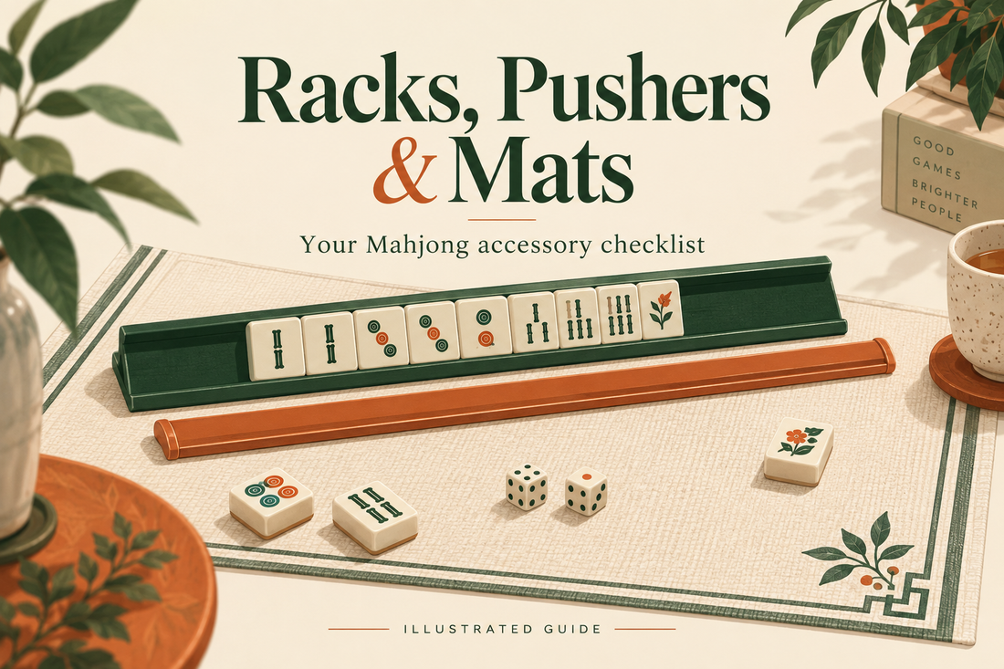 Illustrated Mahjong accessory checklist with a green tile rack, orange pusher, cream mat and dice; not a product photograph.
