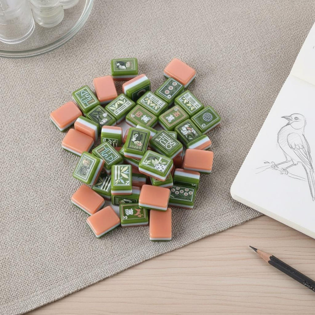 Green and peach American Mahjong tiles with floral and bamboo designs
