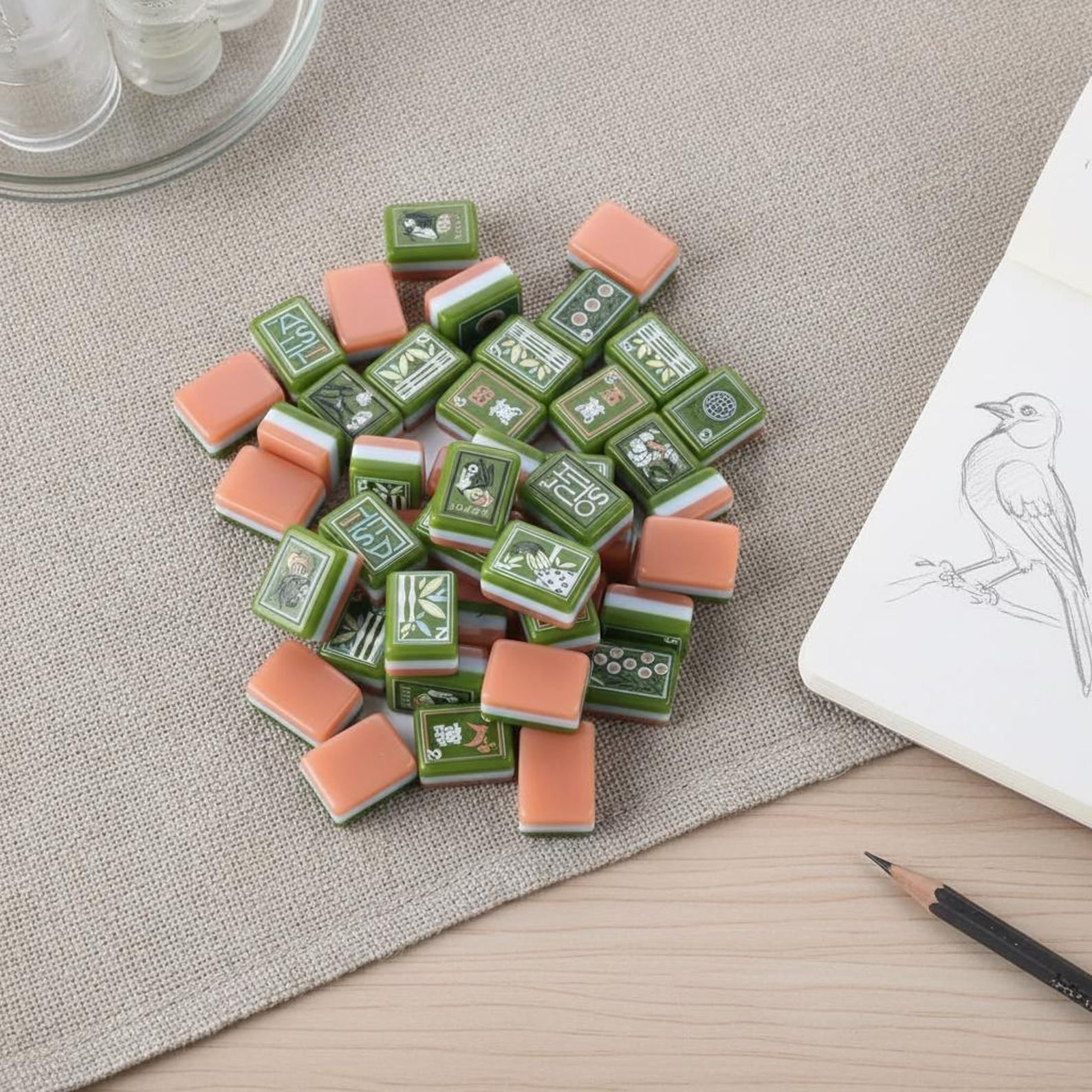 Green and peach American Mahjong tiles with floral and bamboo designs