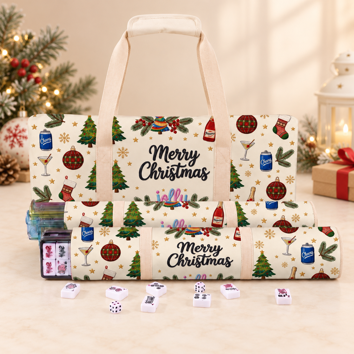 Christmas Mahjong Bag Set, 3 Piece American Mahjong Travel Tote and Storage Pouches for Tiles and Racks