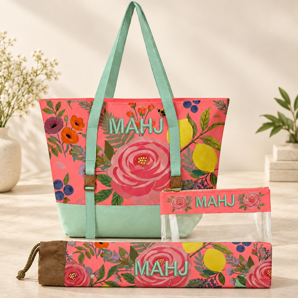 Floral Canvas Tote, Mahjong Rack Bag Set, 3 Piece, Clear Tile Pouch and Pusher Holder