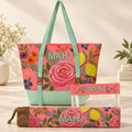 Floral Canvas Tote, Mahjong Rack Bag Set, 3 Piece, Clear Tile Pouch and Pusher Holder