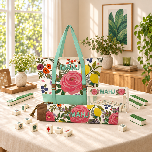 Floral Canvas Tote, Mahjong Rack Bag Set, 3 Piece, Clear Tile Pouch and Pusher Holder