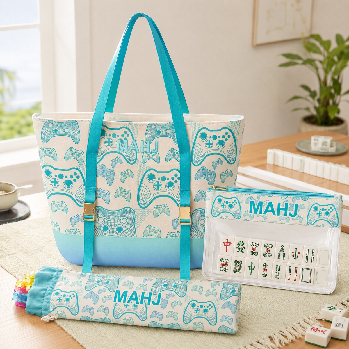 Mahjong Bag Set, Tile Pouch and Pusher Holder, Teal Game Organizer