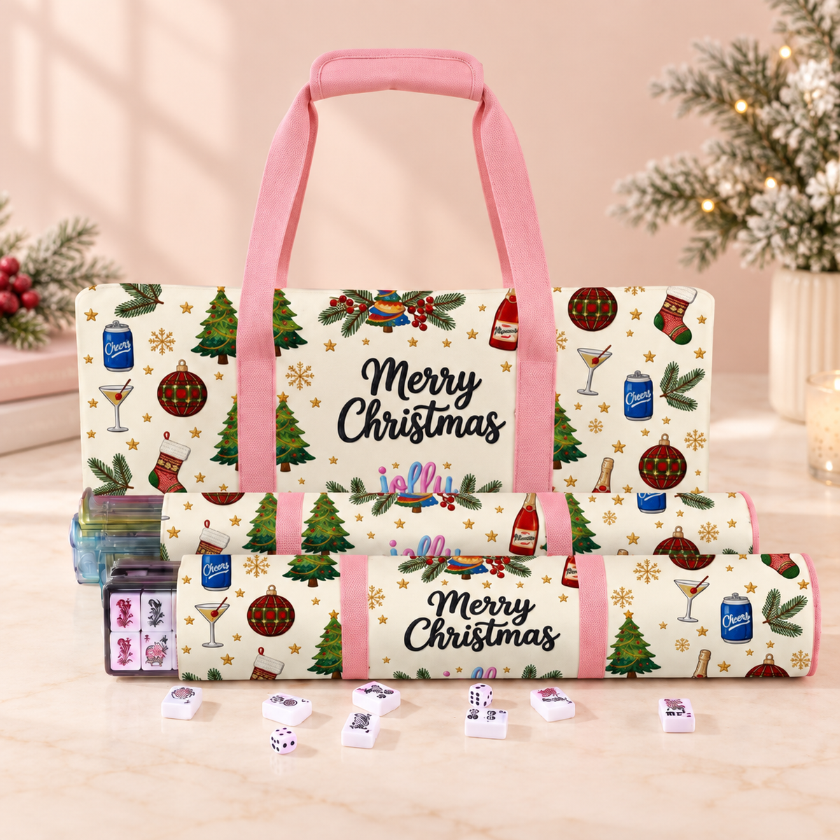 Christmas Mahjong Bag Set, 3 Piece American Mahjong Travel Tote and Storage Pouches for Tiles and Racks