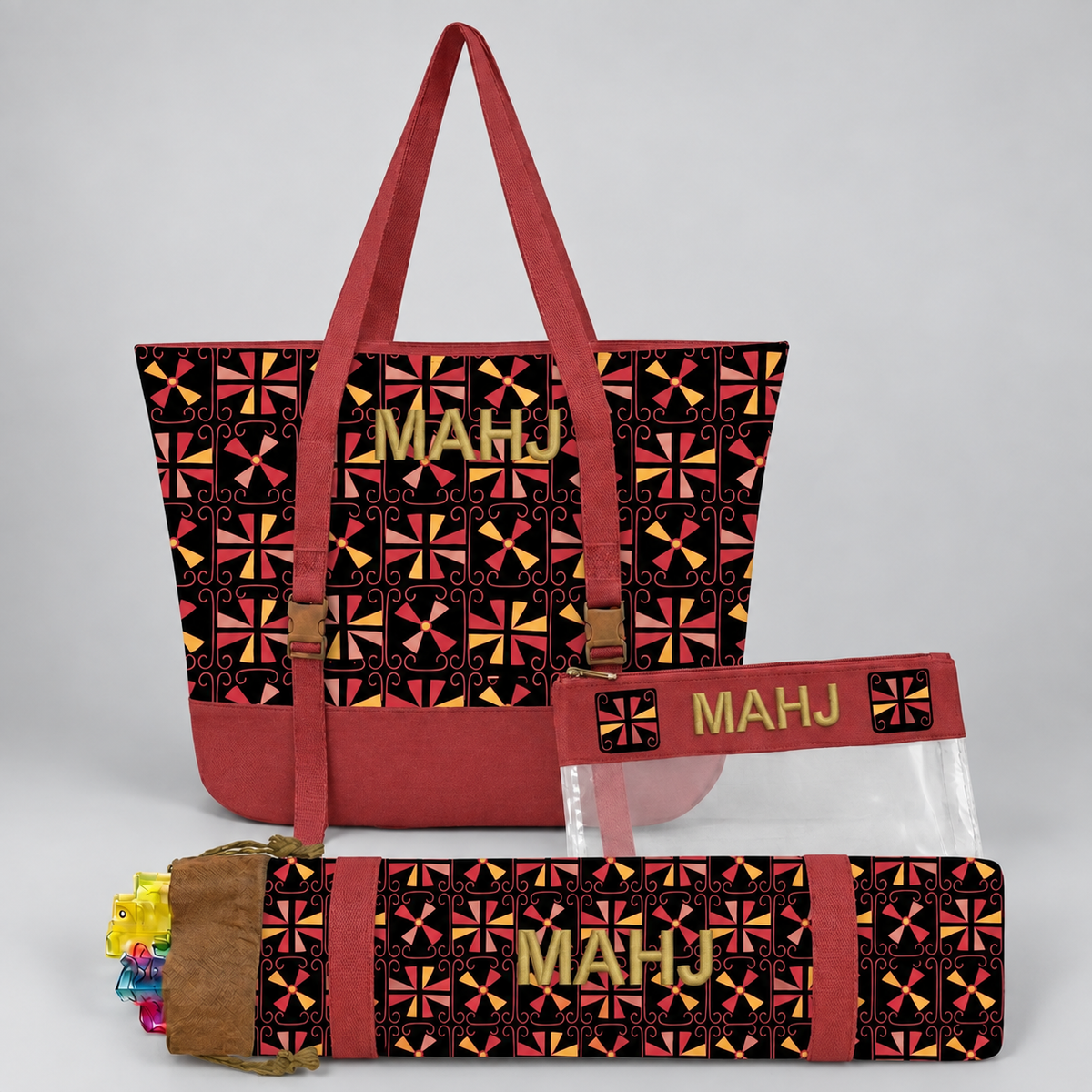 Mahjong Rack Bag Set, 3 Piece Retro Canvas Tote, Clear Tile Pouch and Pusher Holder