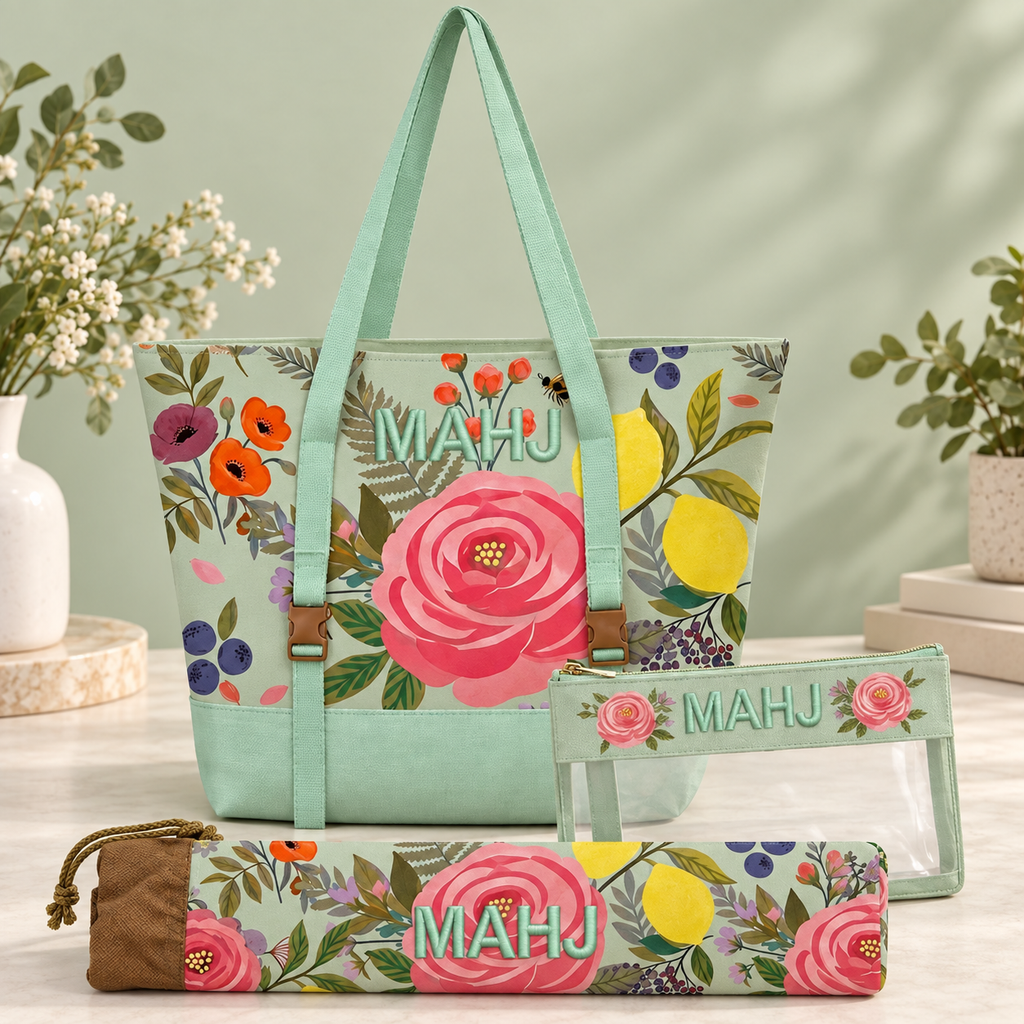 Floral Canvas Tote, Mahjong Rack Bag Set, 3 Piece, Clear Tile Pouch and Pusher Holder