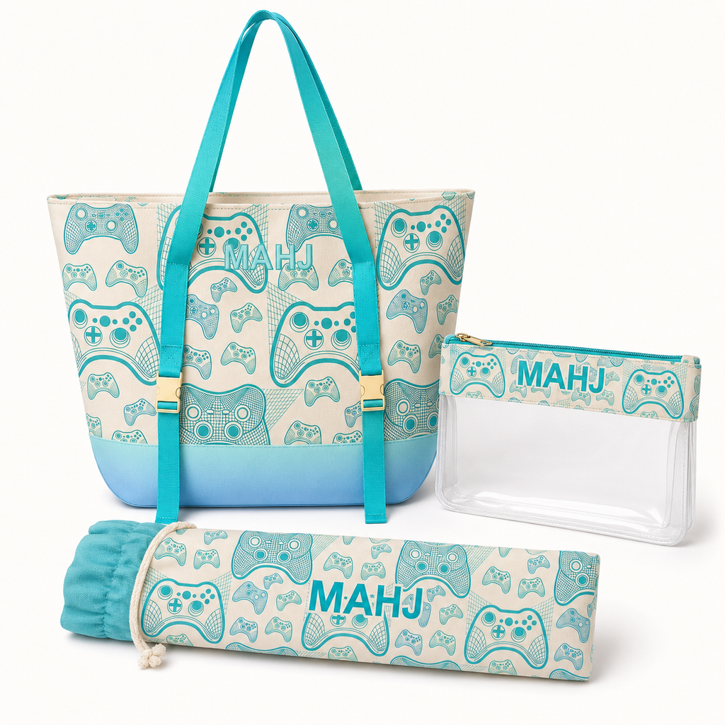 Mahjong Bag Set, Tile Pouch and Pusher Holder, Teal Game Organizer