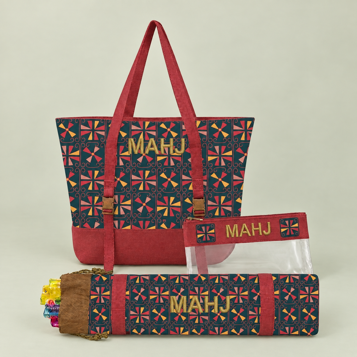 Mahjong Rack Bag Set, 3 Piece Retro Canvas Tote, Clear Tile Pouch and Pusher Holder