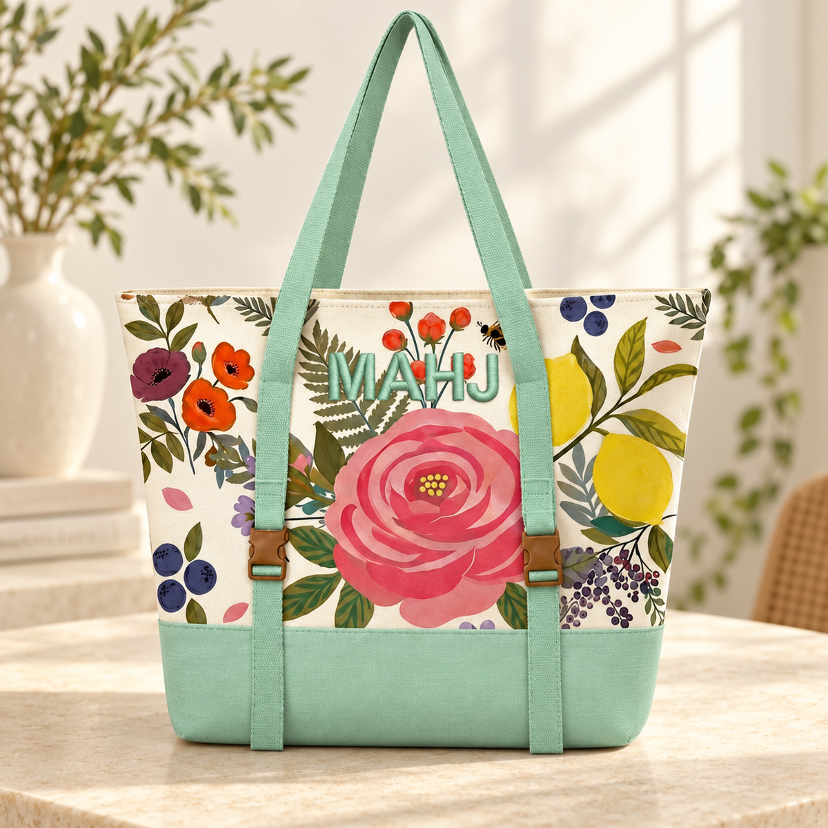 Floral Canvas Tote, Mahjong Rack Bag Set, 3 Piece, Clear Tile Pouch and Pusher Holder