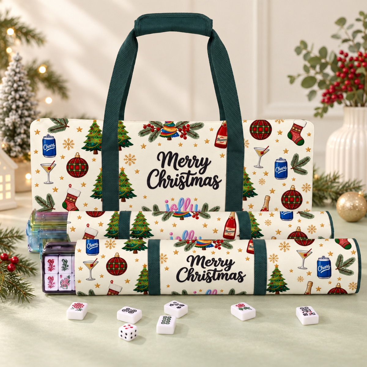 Christmas Mahjong Bag Set, 3 Piece American Mahjong Travel Tote and Storage Pouches for Tiles and Racks