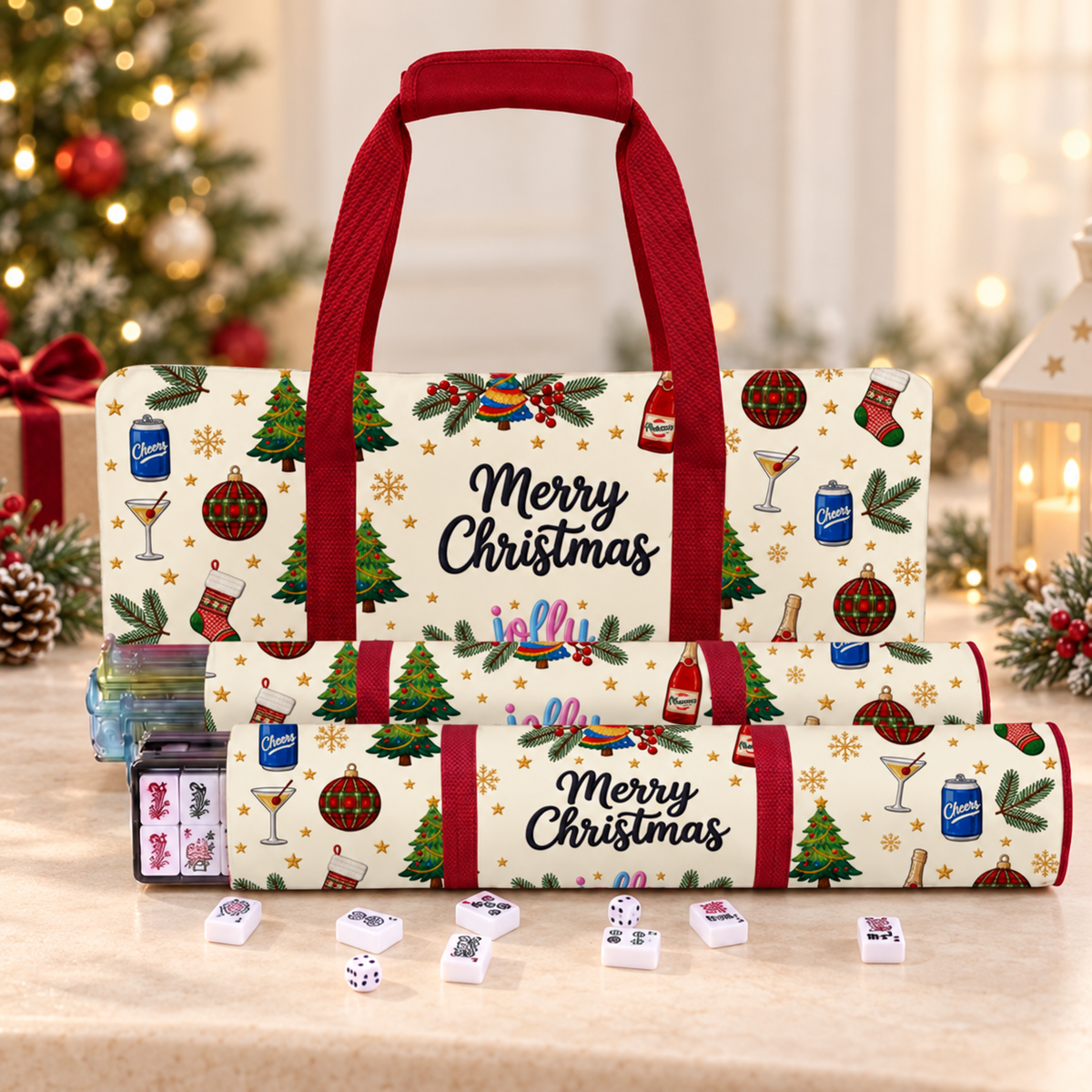 Christmas Mahjong Bag Set, 3 Piece American Mahjong Travel Tote and Storage Pouches for Tiles and Racks