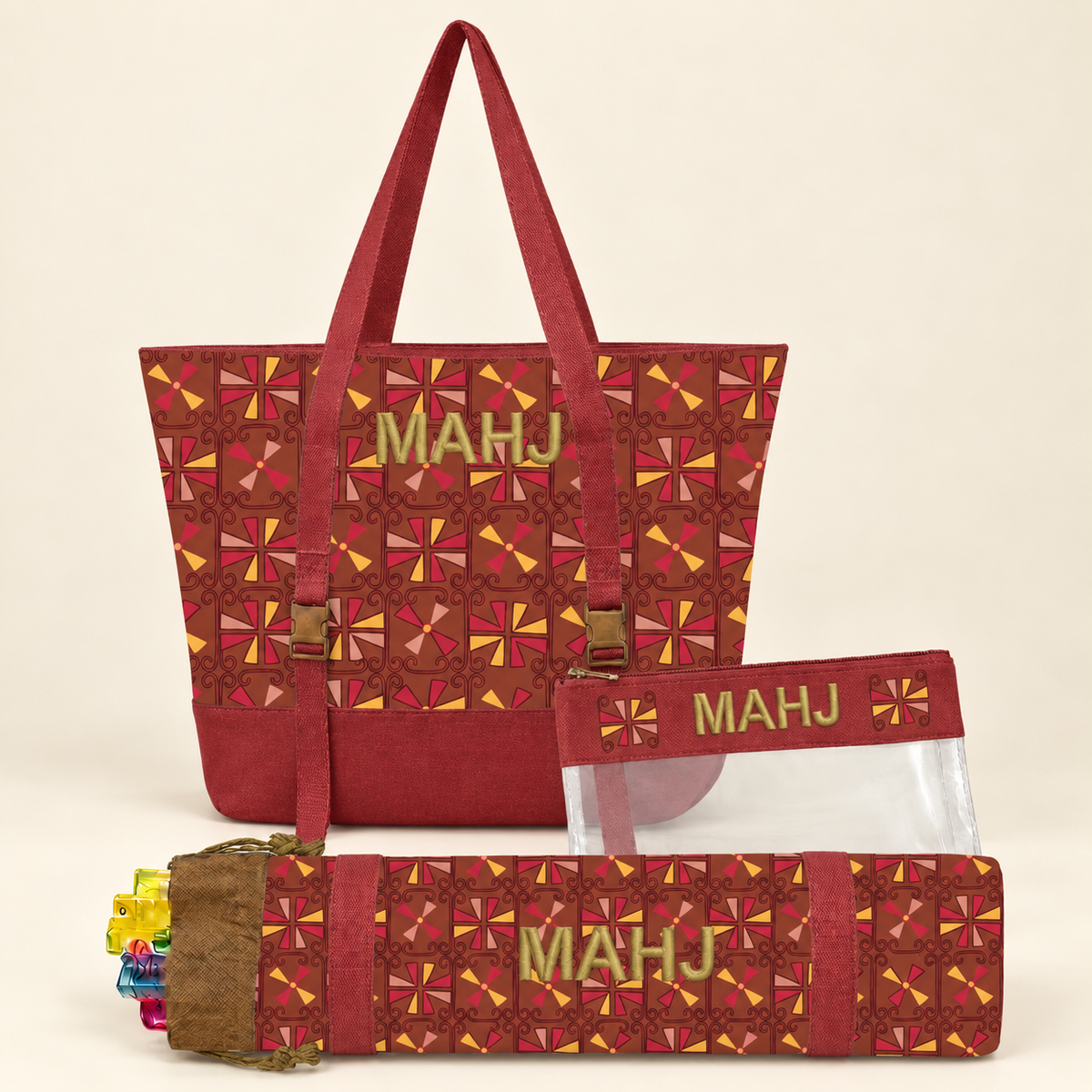 Mahjong Rack Bag Set, 3 Piece Retro Canvas Tote, Clear Tile Pouch and Pusher Holder