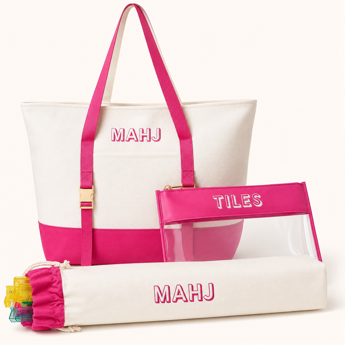 Mahjong Bag Set, Mahjong Rack Bag, 3 Piece Canvas Tote with Clear Tile Pouch and Pusher Holder, Portable Game Night Organizer Gift