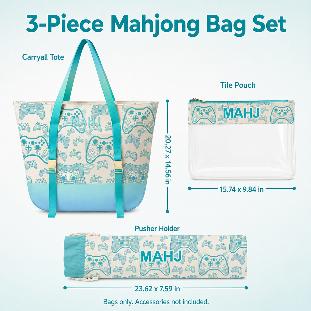 Mahjong Bag Set, Tile Pouch and Pusher Holder, Teal Game Organizer