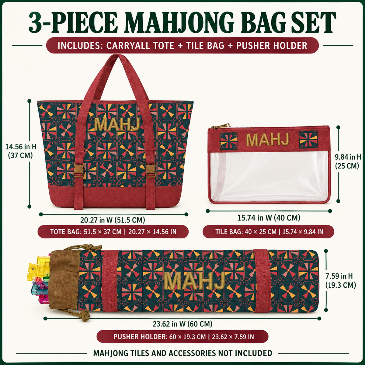 Mahjong Rack Bag Set, 3 Piece Retro Canvas Tote, Clear Tile Pouch and Pusher Holder