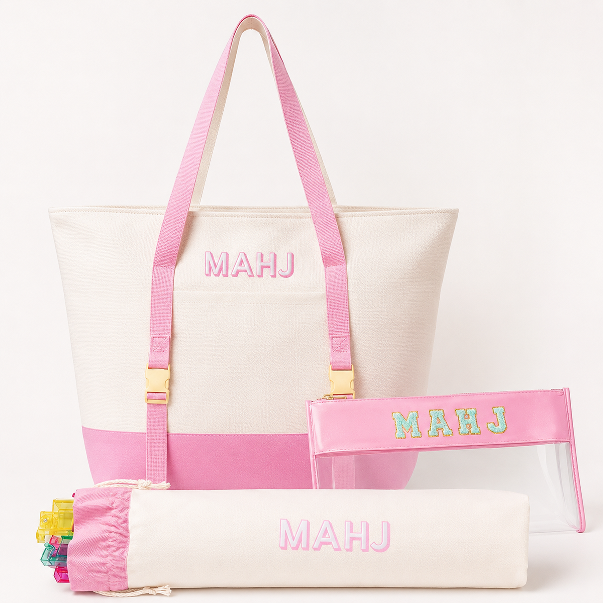 Mahjong Bag Set, Mahjong Rack Bag, 3 Piece Canvas Tote with Clear Tile Pouch and Pusher Holder, Portable Game Night Organizer Gift