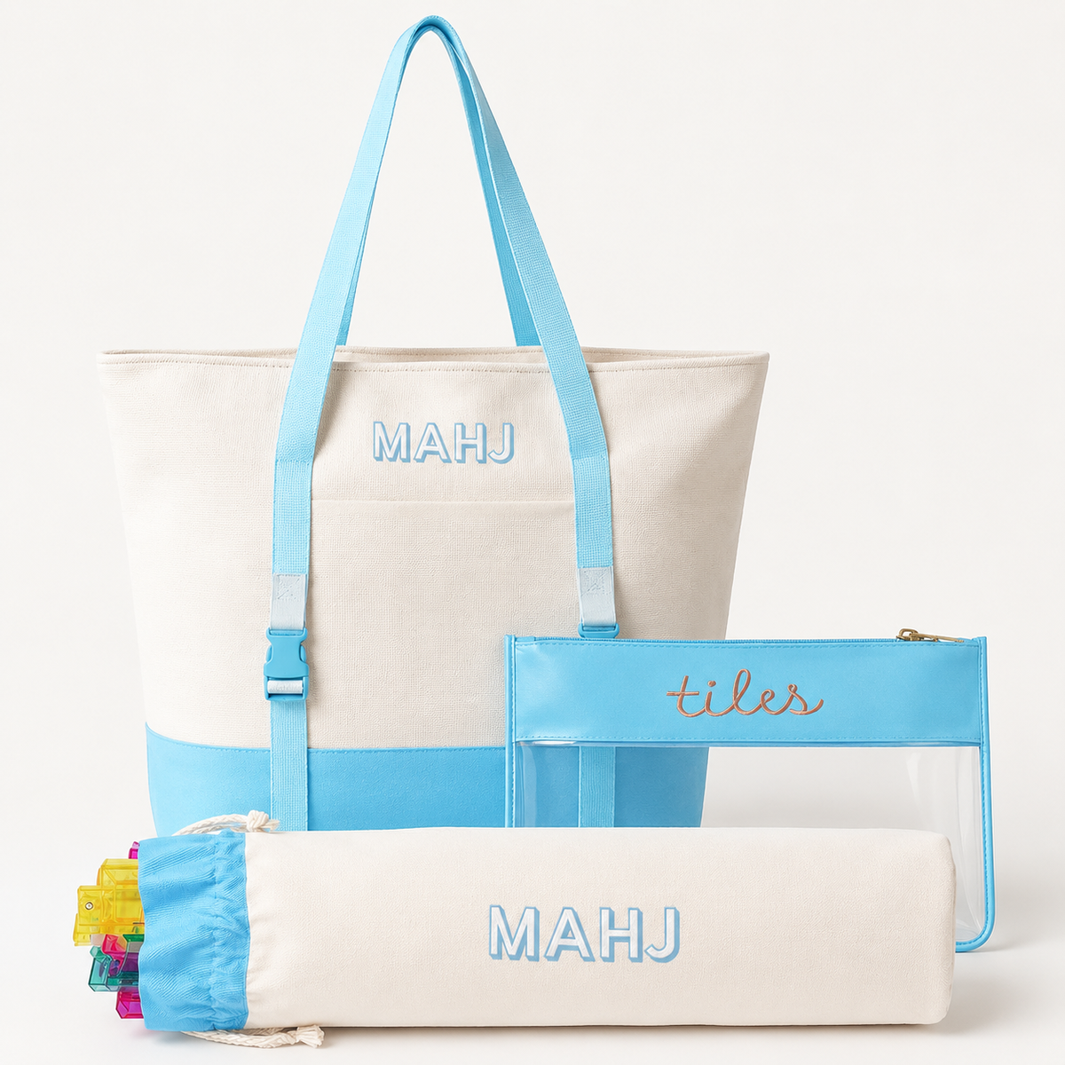 Mahjong Bag Set, Mahjong Rack Bag, 3 Piece Canvas Tote with Clear Tile Pouch and Pusher Holder, Portable Game Night Organizer Gift