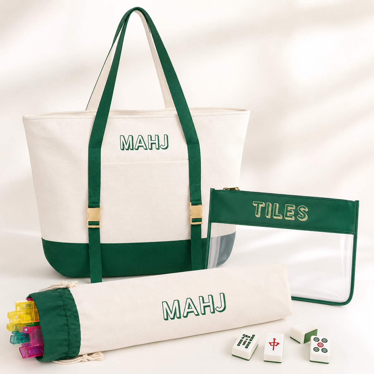 Mahjong Bag Set, Mahjong Rack Bag, 3 Piece Canvas Tote with Clear Tile Pouch and Pusher Holder, Portable Game Night Organizer Gift