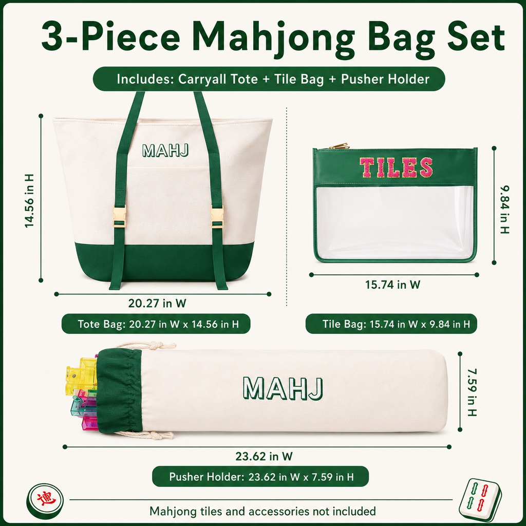 Mahjong Bag Set, Mahjong Rack Bag, 3 Piece Canvas Tote with Clear Tile Pouch and Pusher Holder, Portable Game Night Organizer Gift