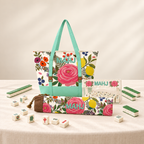 Floral Canvas Tote, Mahjong Rack Bag Set, 3 Piece, Clear Tile Pouch and Pusher Holder