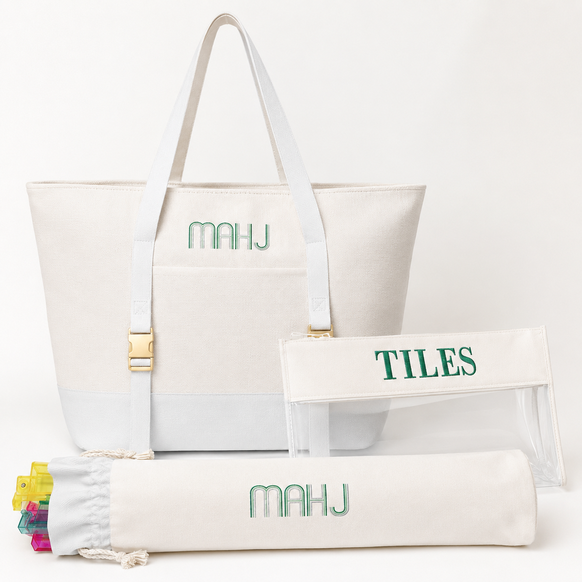 Mahjong Bag Set, Mahjong Rack Bag, 3 Piece Canvas Tote with Clear Tile Pouch and Pusher Holder, Portable Game Night Organizer Gift
