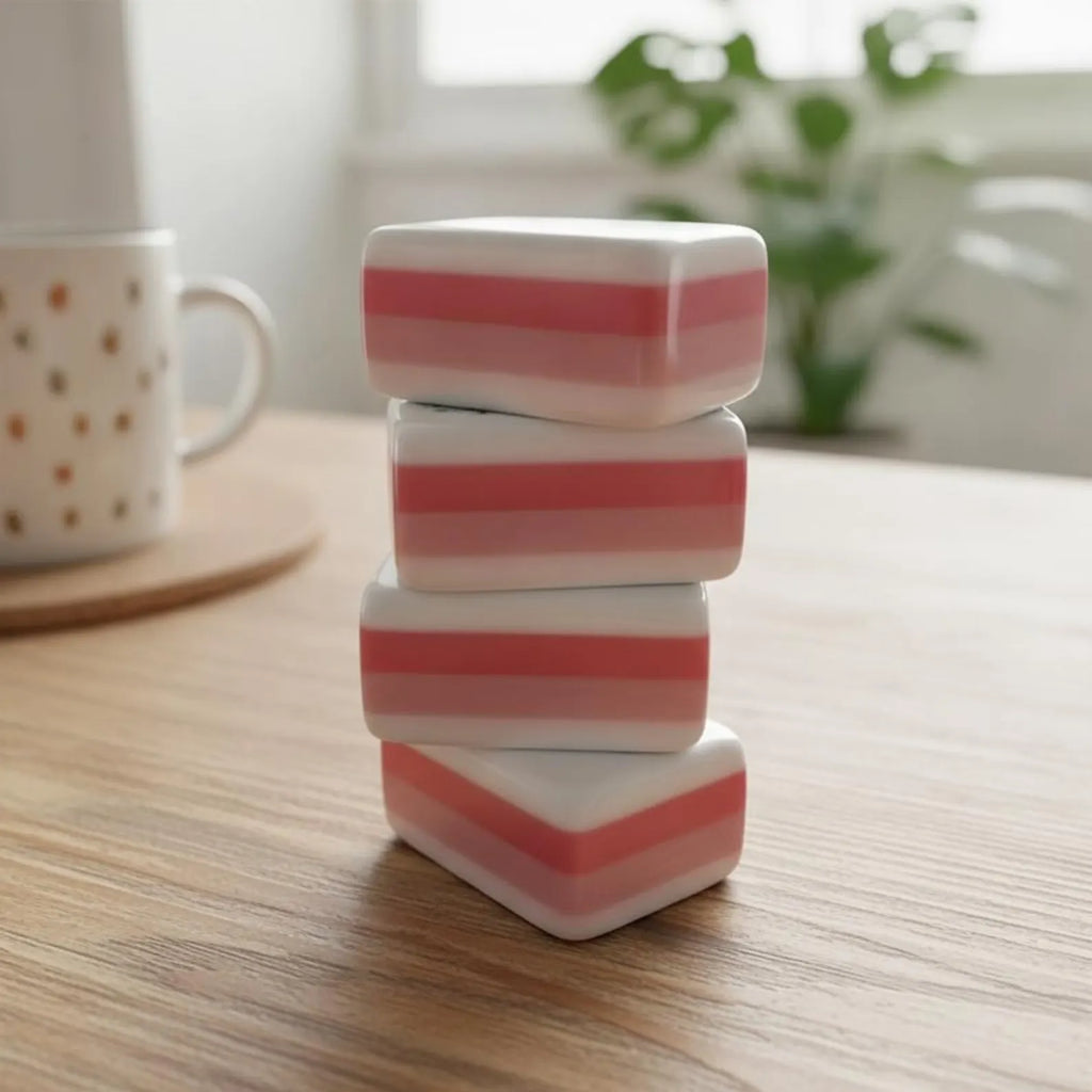 Close-up of pink and white four-layer acrylic American Mahjong tiles