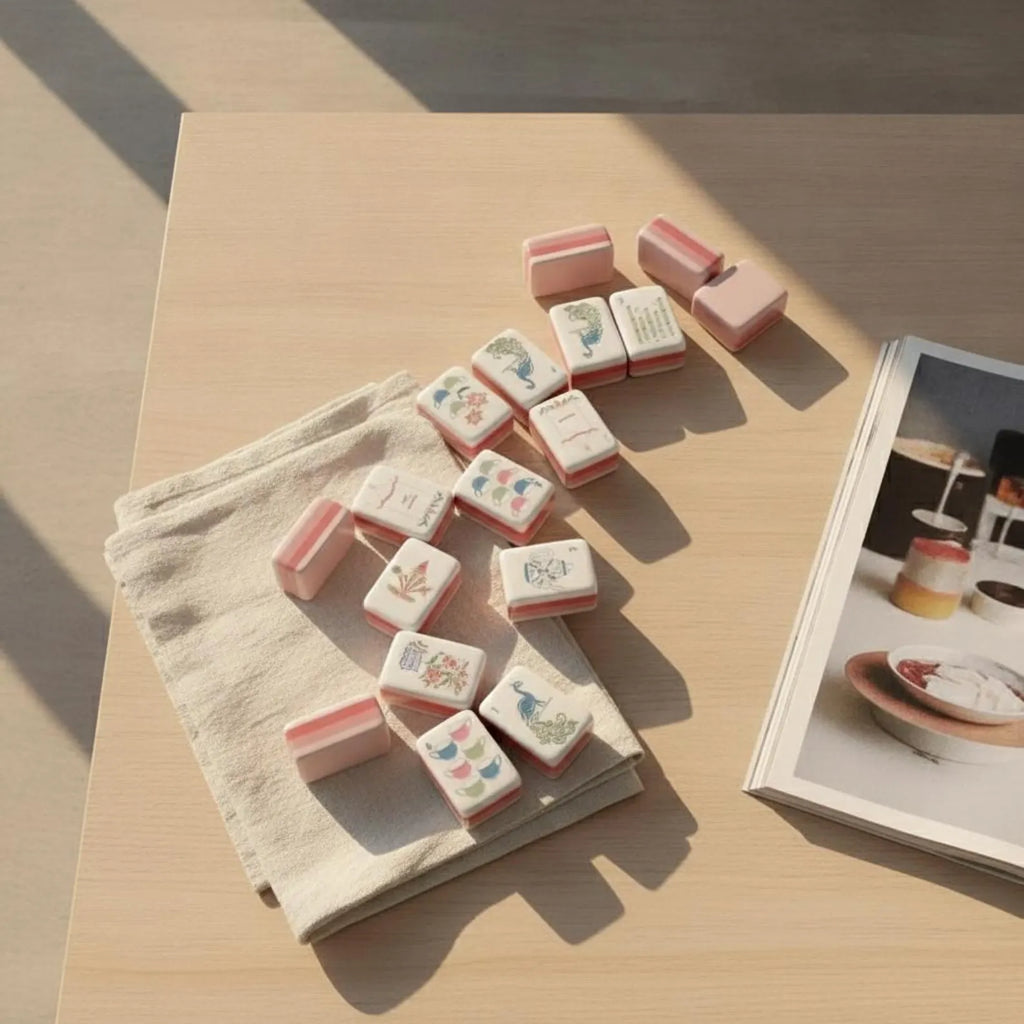 Pink four-layer American Mahjong tiles arranged on linen beside an open magazine