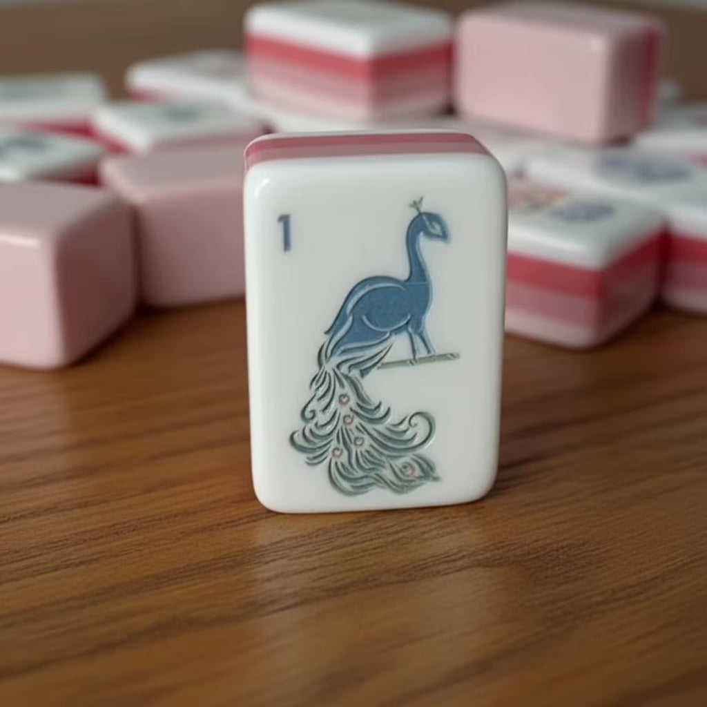 Blue peacock artwork on a pink four-layer American Mahjong tile