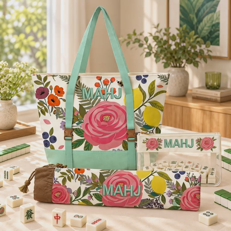 Floral Canvas Tote, Mahjong Rack Bag Set, 3 Piece, Clear Tile Pouch and Pusher Holder