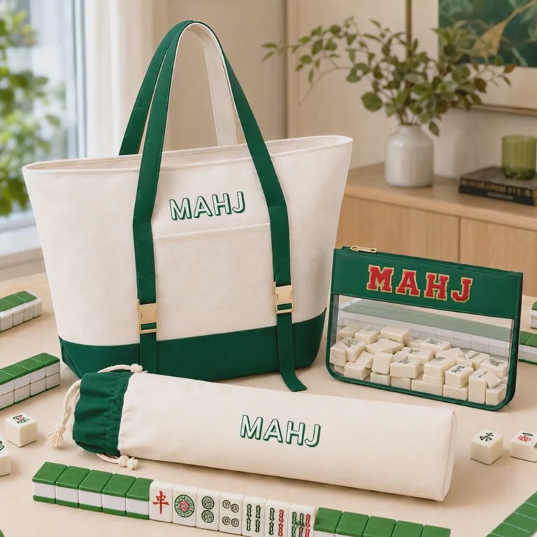 Mahjong Bag Set, Mahjong Rack Bag, 3 Piece Canvas Tote with Clear Tile Pouch and Pusher Holder, Portable Game Night Organizer Gift