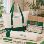 Mahjong Bag Set, Mahjong Rack Bag, 3 Piece Canvas Tote with Clear Tile Pouch and Pusher Holder, Portable Game Night Organizer Gift