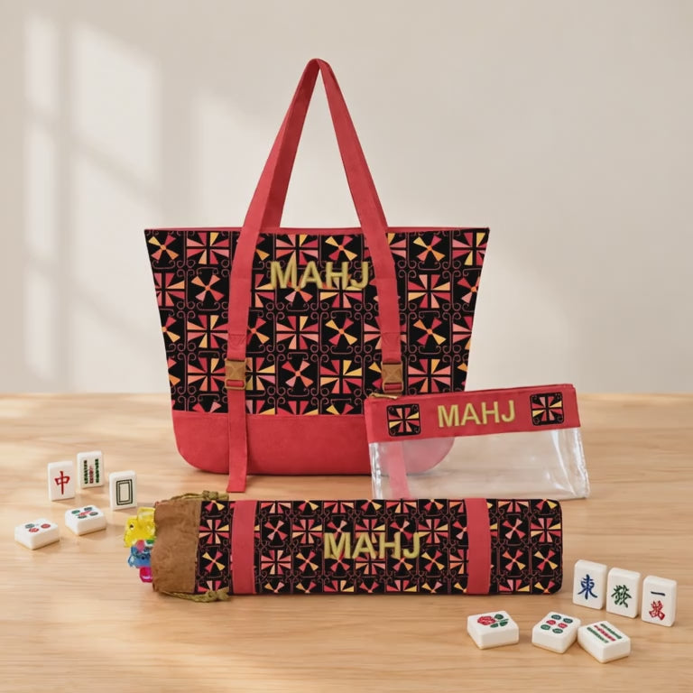 Mahjong Rack Bag Set, 3 Piece Retro Canvas Tote, Clear Tile Pouch and Pusher Holder