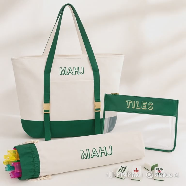 Mahjong Bag Set, Mahjong Rack Bag, 3 Piece Canvas Tote with Clear Tile Pouch and Pusher Holder, Portable Game Night Organizer Gift